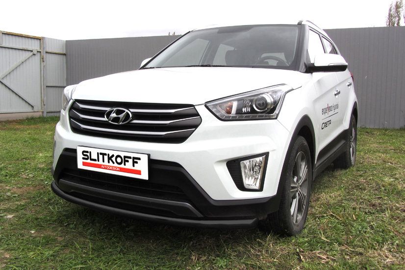 Защита Slitkoff переднего бампера d57 радиусная для Hyundai Creta 4WD 2016-2021 Черная. Артикул HCRET4WD005B