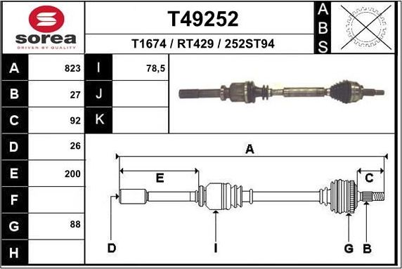 Полуось (привод в сборе, приводной вал) EAI. Артикул T49252