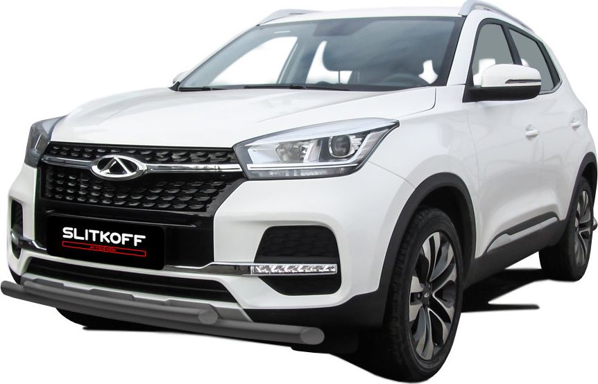 Защита Slitkoff переднего бампера d57/42 двойная для Chery Tiggo 4 2017-2026 Серебристая. Артикул CT4-001S