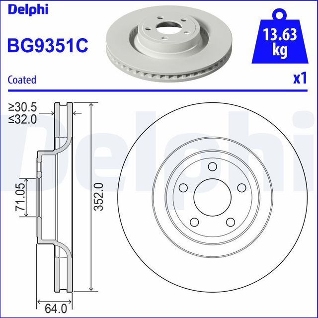 Тормозной диск Delphi передний для Ford Mustang VI 2015-2026. Артикул BG9351C
