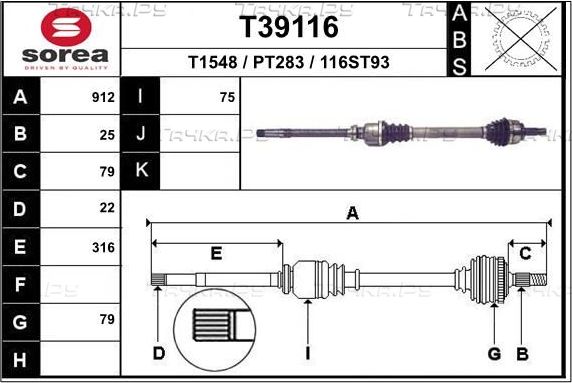 Полуось (привод в сборе, приводной вал) EAI. Артикул T39116