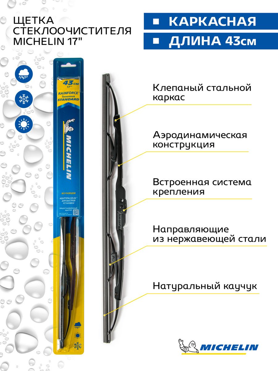 Щетка стеклоочистителя каркасная MICHELIN 17" (43 см). Артикул 13917