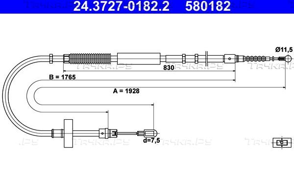 Трос ручника (тросик ручного тормоза) ATE задний левый для Audi A4 II (B6) 2000-2004. Артикул 24.3727-0182.2