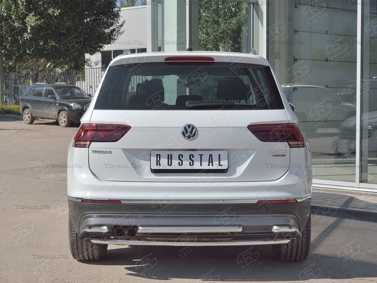 Защита RusStal заднего бампера d42/d42/d42 уголки для Volkswagen Tiguan II 2016-2020 (кроме Off Road). Артикул VGZ-002722