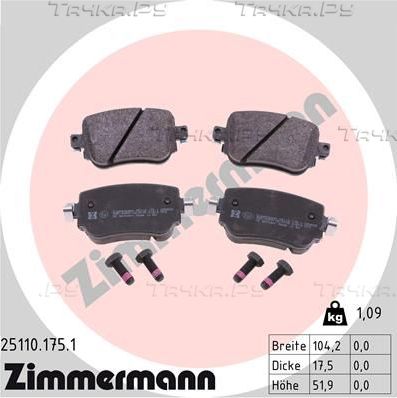 Тормозные колодки Zimmermann задние для Audi A1 I (8X) 2015-2018. Артикул 25110.175.1