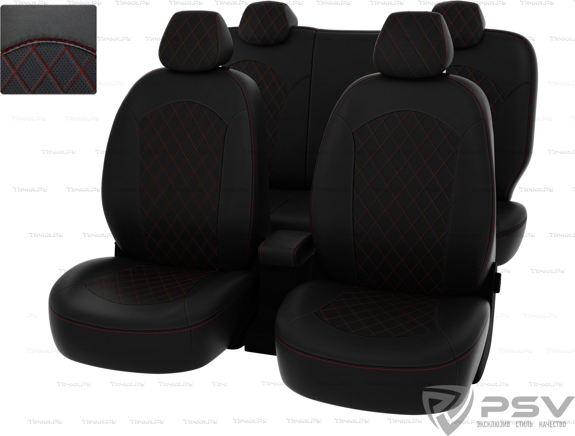 Чехлы PSV Оригинал на сидения для Kia Rio III 2011-2017, цвет Черный/отстрочка красная. Артикул 130796