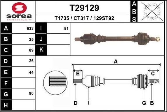 Полуось (привод в сборе, приводной вал) EAI. Артикул T29129