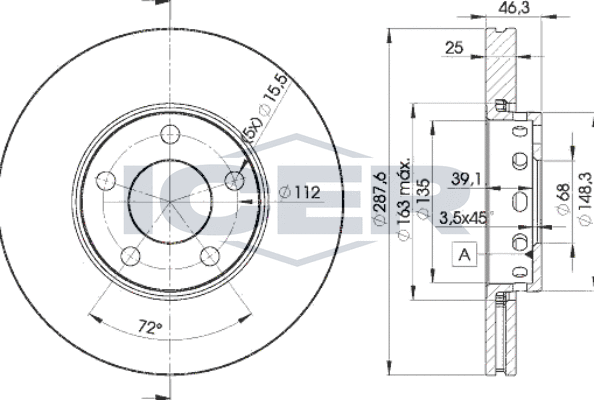 Тормозной диск Icer передний для Audi A4 II (B6) 2000-2004. Артикул 78BD4063-2