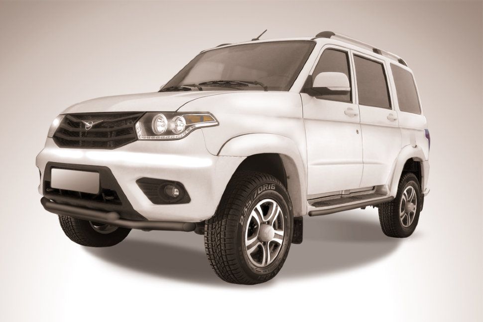 Защита Slitkoff переднего бампера d57+d57 двойная для УАЗ Patriot I рестайлинг 2014-2026 Черная. Артикул UP14-003B