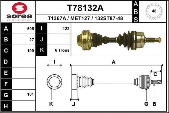 Полуось (привод в сборе, приводной вал) EAI. Артикул T78459
