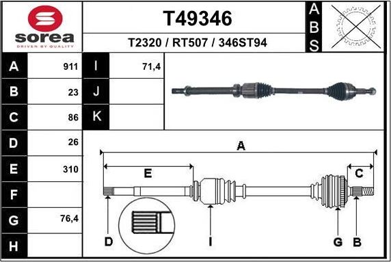 Полуось (привод в сборе, приводной вал) EAI. Артикул T49346