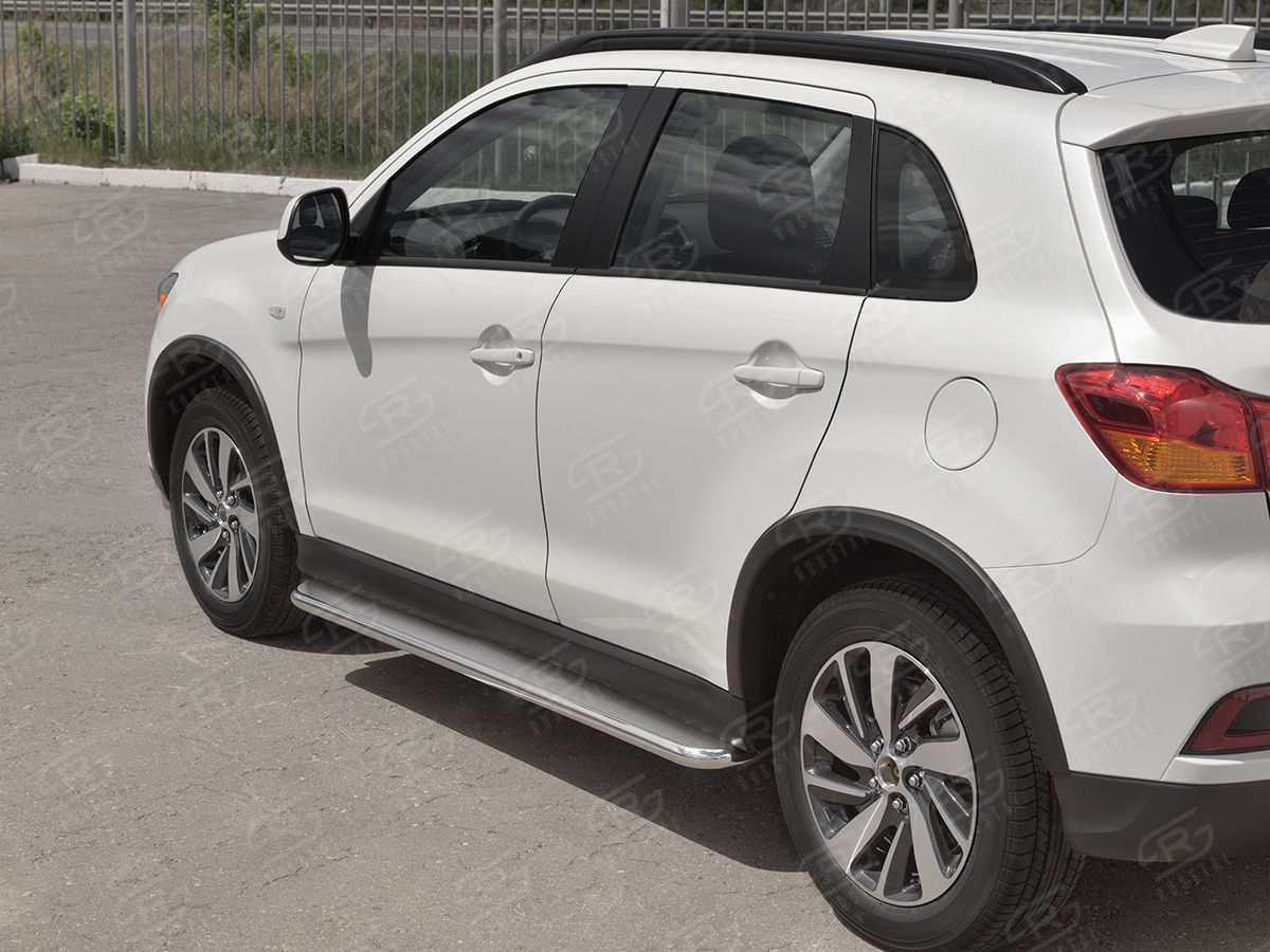 Защита порогов RusStal труба d42 с листом (Лист нерж, проф. нерж) (Вариант 3) для Mitsubishi ASX I 2й рестайлинг 2016-2020. Артикул MASL-0029603