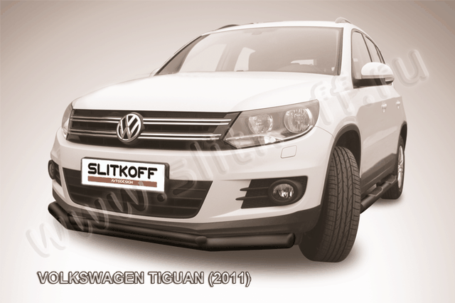 Защита Slitkoff переднего бампера d76/42 двойная ЧЕРНАЯ матовая для Volkswagen Tiguan 2011-2016. Артикул VWTIG-001B