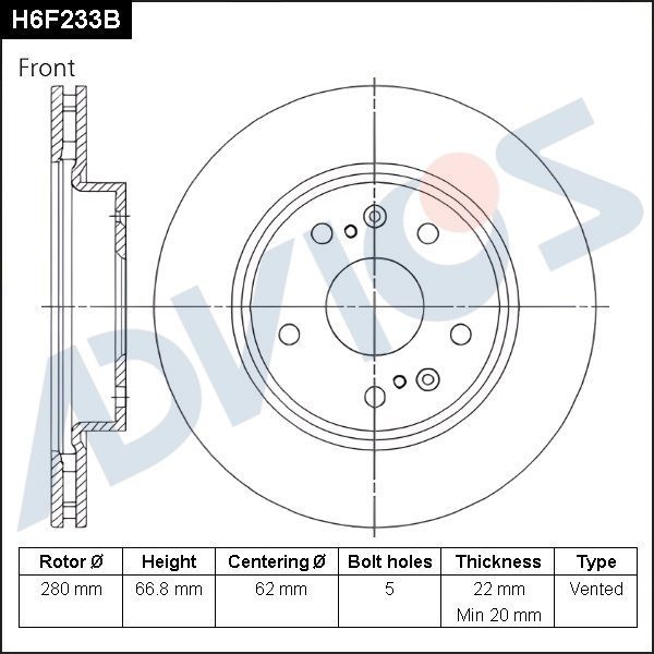 Тормозной диск Advics для Suzuki Vitara II 2015-2026. Артикул H6F233B