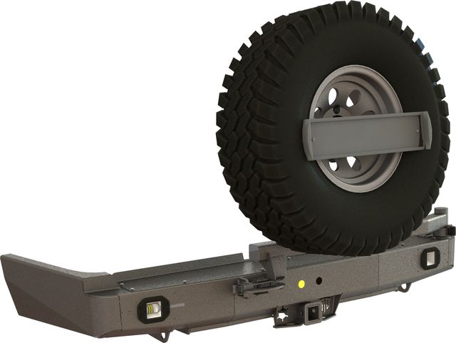 Бампер силовой задний STC для Toyota Land Cruiser 80 1990-1997 с квадратом под фаркоп, кронштейном крепления запасного колеса по центру, кронштейном крепления гос номера и фарами заднего хода/ ПТФ. Артикул STC-TLC80-BR-C1-L2