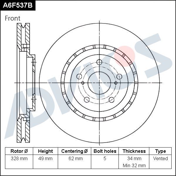 Тормозной диск Advics передний для Lexus RX III 2008-2015. Артикул A6F537B