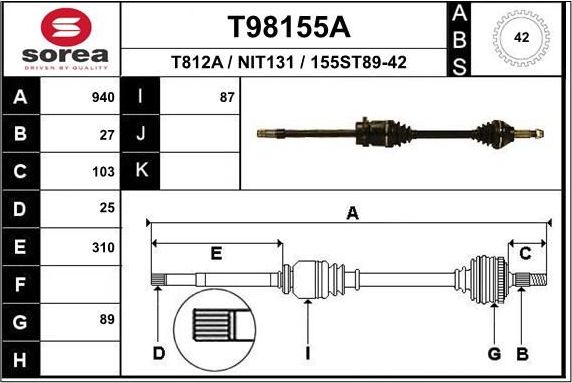 Полуось (привод в сборе, приводной вал) EAI. Артикул T98155A