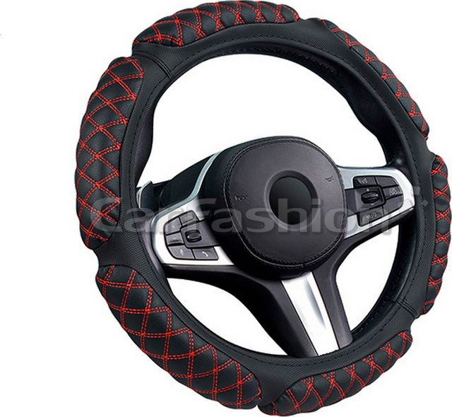 Оплётка на руль CarFashion Scotch (размер M, экокожа, цвет ЧЕРНЫЙ/КРАСНЫЙ). Артикул 31653
