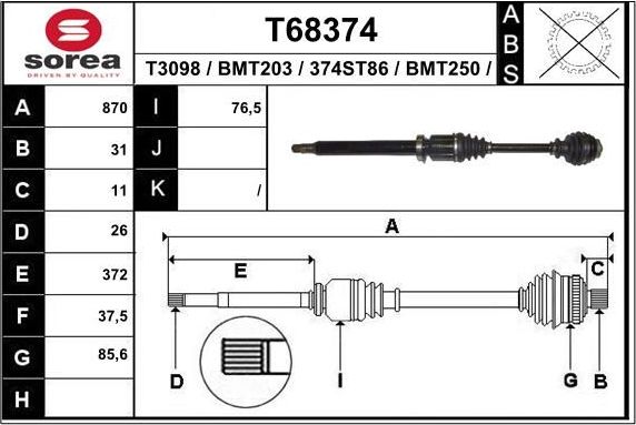 Полуось (привод в сборе, приводной вал) EAI. Артикул T68374