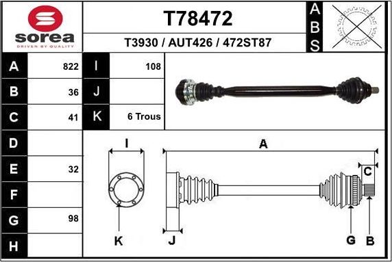 Полуось (привод в сборе, приводной вал) EAI передняя правая для Audi TT III (8S) 2015-2018. Артикул T78472