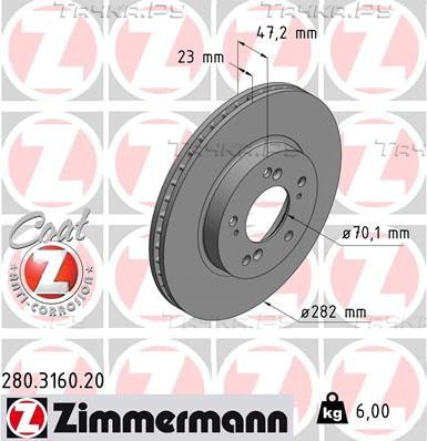 Тормозной диск Zimmermann Coat Z передний для Honda Prelude V 1996-2000. Артикул 280.3160.20