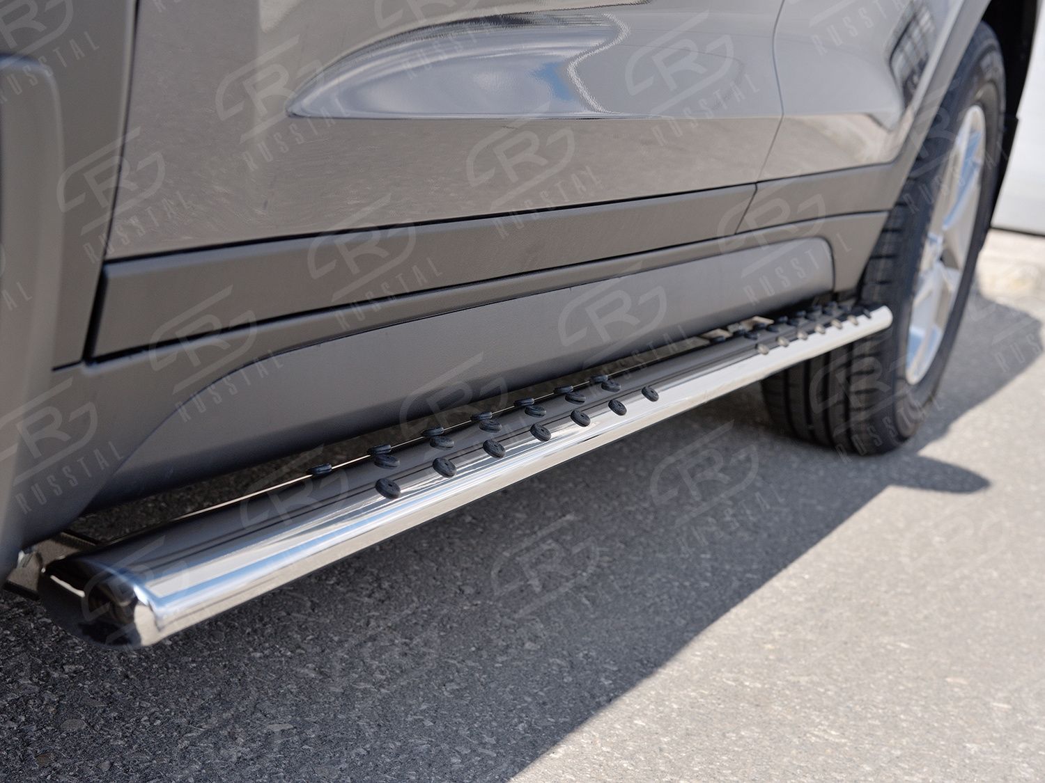 Защита порогов РусCталь труба 75х42 овал с проступью для Hyundai Tucson III 2015-2018. Артикул HTO-002236