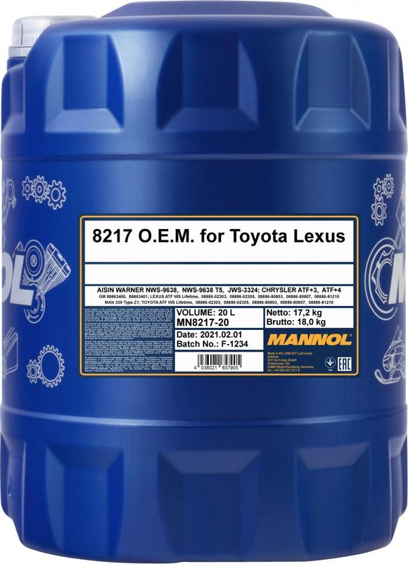 8217 Трансм. масло O.E.M. for Toyota Lexus ATF WS (20л.) (Mannol). Артикул 8217