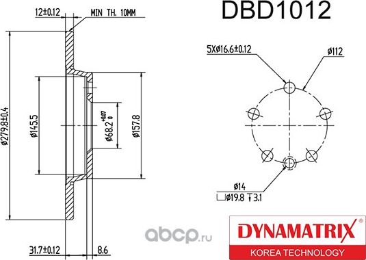 Диск тормозной (Dynamatrix-Korea) Dynamatrix-Korea. Артикул DBD1012