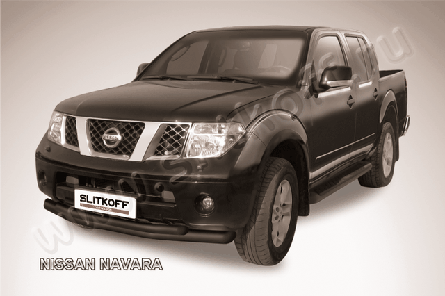 Защита Slitkoff переднего бампера d76/57 двойная ЧЕРНАЯ матовая для Nissan Navara D40 2005-2010. Артикул NIN006B
