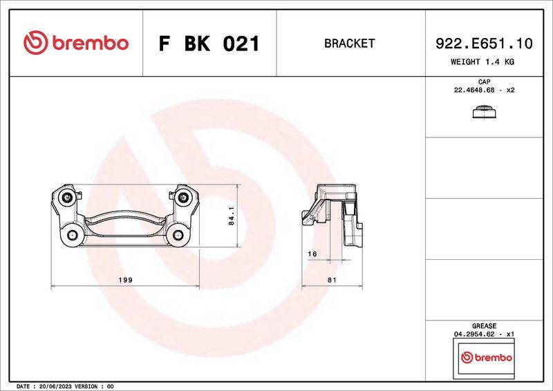Скоба тормозного суппорта Brembo (Серый чугун). Артикул F BK 021