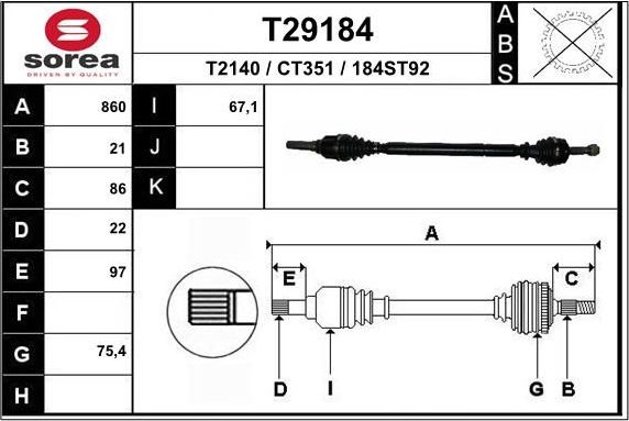 Полуось (привод в сборе, приводной вал) EAI. Артикул T29184