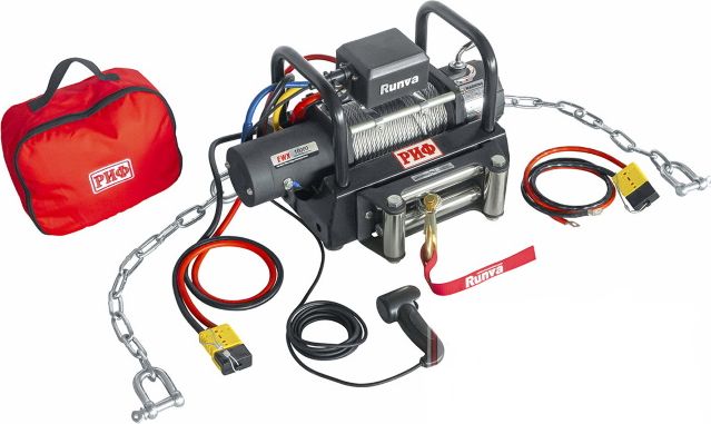 Переносная лебёдка РИФ: 12V Runva 10000 lbs 4500 кг c площадкой на цепях и проводами (стальной трос) РИФ. Артикул EWX10000S-KIT2