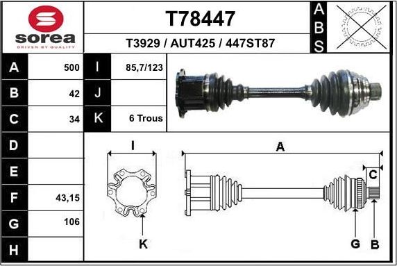 Полуось (привод в сборе, приводной вал) EAI. Артикул T78447