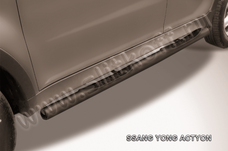 Пороги Slitkoff d76 с проступями для SsangYong Actyon II 2010-2013 Черные. Артикул SYA005B