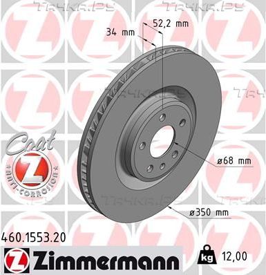 Тормозной диск Zimmermann Coat Z передний правый для Porsche Macan I 2014-2017. Артикул 460.1553.20