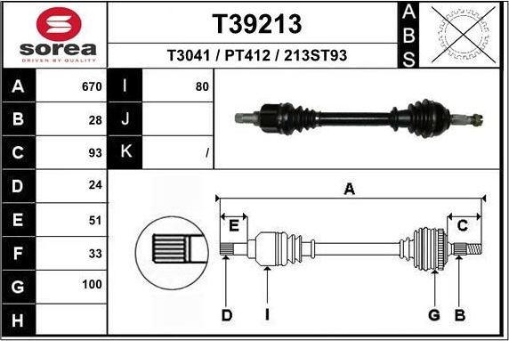Полуось (привод в сборе, приводной вал) EAI. Артикул T39213