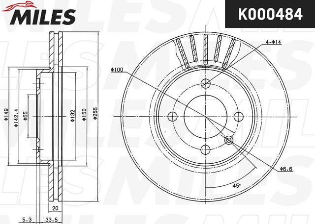 Тормозной диск Miles передний для SEAT Toledo I 1991-1999. Артикул K000484