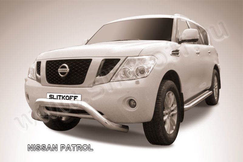 Защита Slitkoff переднего бампера d76 с профильной защитой картера для Nissan Patrol Y62 2012-2014. Артикул NIPAT002