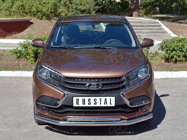 Защита RusStal переднего бампера d63 секция-d42 дуга для Lada Xray 2015-2025. Артикул LXRZ-002386