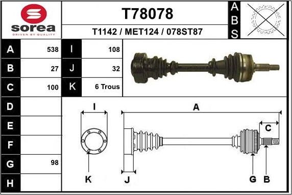 Полуось (привод в сборе, приводной вал) EAI. Артикул T78078