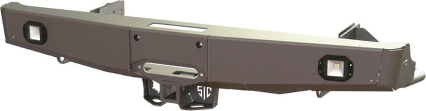 Бампер силовой STC задний для Mitsubishi L200 IV 2006-2015 с квадратом под фаркоп, площадкой под лебедку и фарами заднего хода/ ПТФ. Артикул STC-ML200/06-BR-W-L2