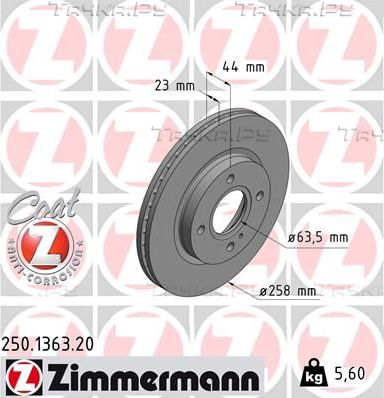 Тормозной диск Zimmermann Coat Z передний для Ford Fiesta VI 2008-2019. Артикул 250.1363.20
