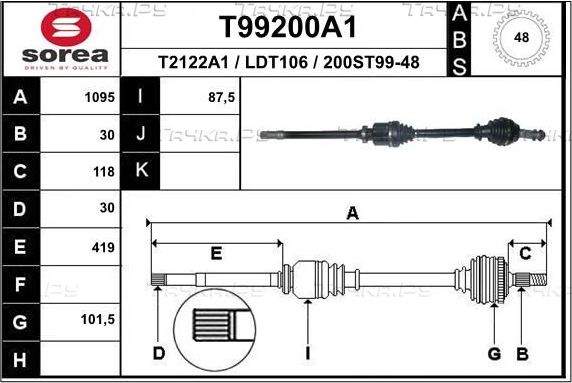 Полуось (привод в сборе, приводной вал) EAI. Артикул T99200A1