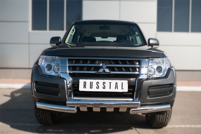 Защита RusStal переднего бампера d76 (дуга) d76х2 (дуга) + клыки для Mitsubishi Pajero IV 2014-2026. Артикул MPZ-002046