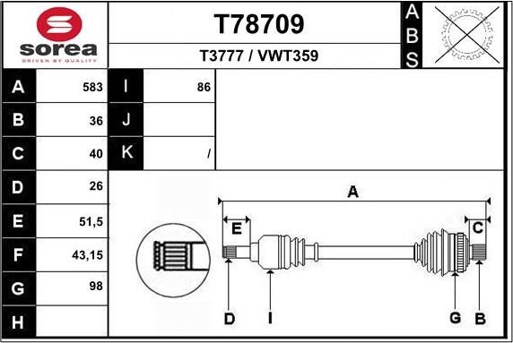 Полуось (привод в сборе, приводной вал) EAI передняя левая для Audi TT I (8N) 1998-2006. Артикул T78709