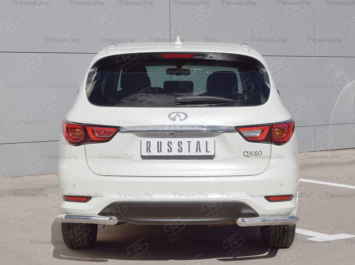Защита RusStal заднего бампера уголки d63 (секции) для Infiniti QX60 2016-2026. Артикул IQXZ-002689