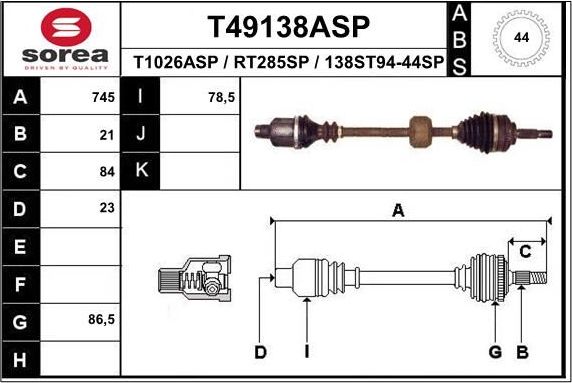 Полуось (привод в сборе, приводной вал) EAI. Артикул T49138ASP