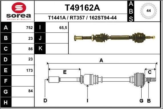 Полуось (привод в сборе, приводной вал) EAI. Артикул T49162A