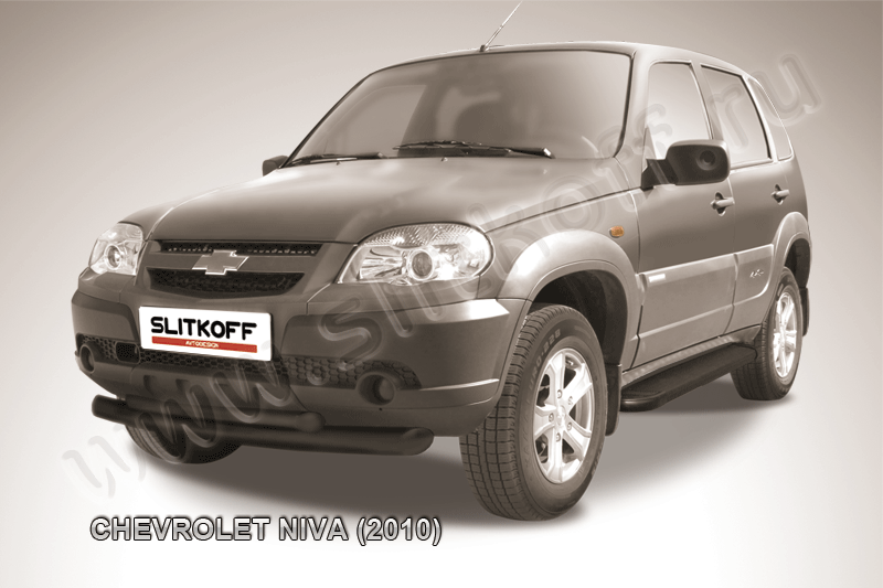 Защита Slitkoff переднего бампера d76/57 двойная ЧЕРНАЯ матовая для Chevrolet Niva 2009-2020. Артикул CHN10-002B