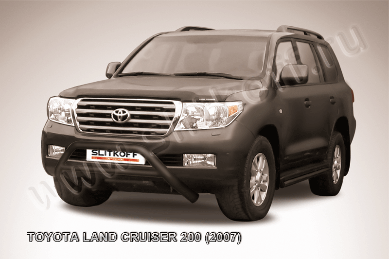 Кенгурятник Slitkoff d76 низкий широкий с перемычкой ЧЕРНЫЙ матовый для Toyota Land Cruiser 200 2007-2012. Артикул TLC2-005B
